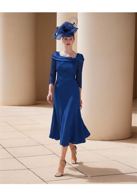 Abito da Cerimonia Midi Blu Reale in Pizzo e Raso con Scollo Omero COUTURE CLUB | Abiti | 7G1C7TRIEP510COBALTO